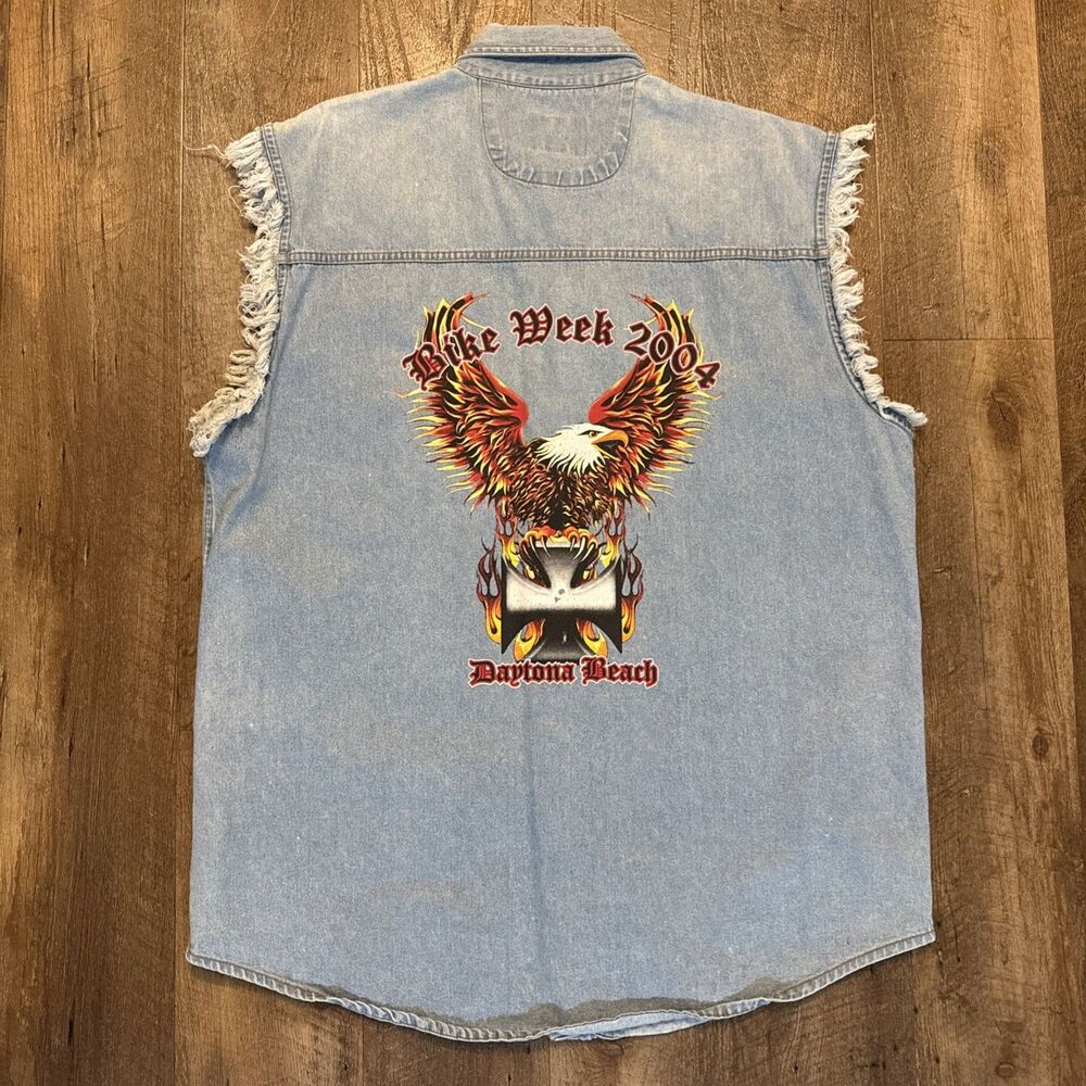 USA Biker Design Denim Vest XL Bike Week 2004 Daytona Beach Eagle Flames Biker
